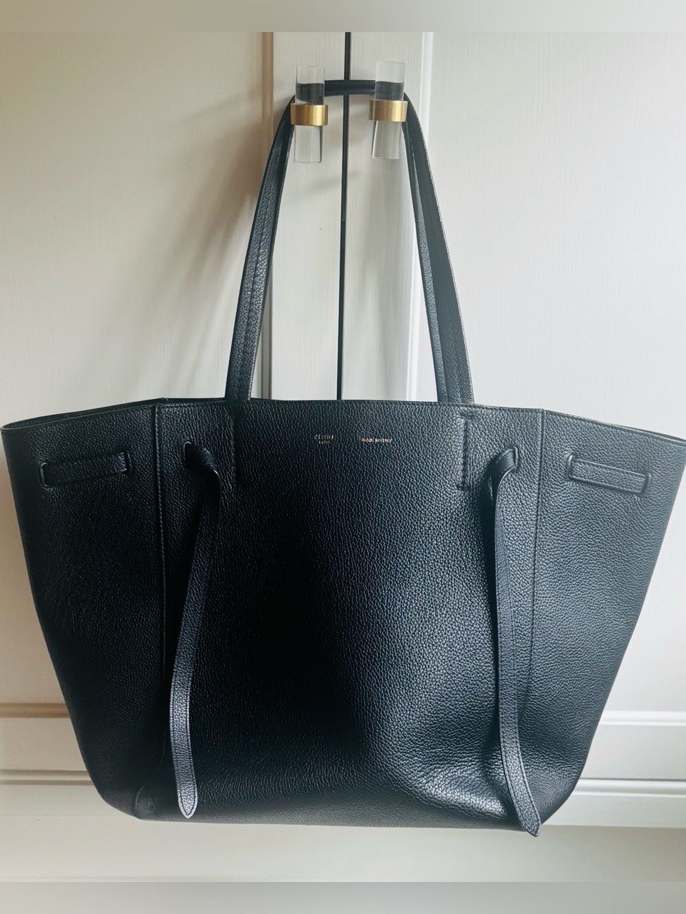 CELINE CABAS GRAINED BLACK LEATHER CABAS TOTE BAG PURSE, MEDIUM